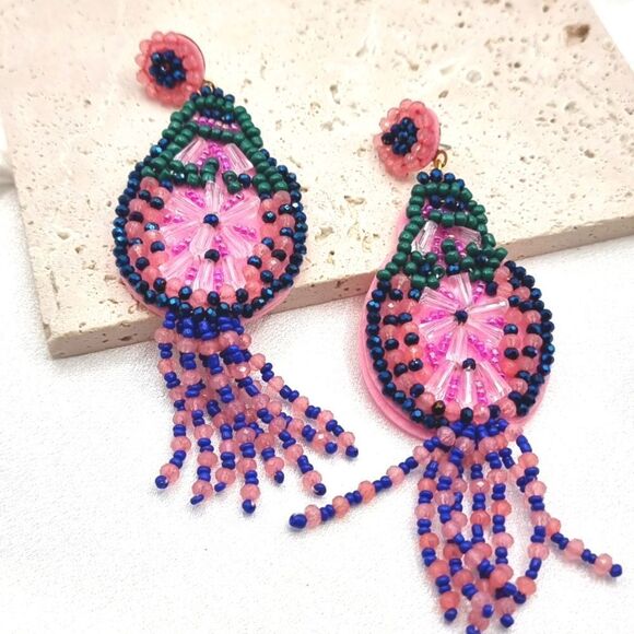 New ZARA Tropical Boho Pink Blue Green Beaded Fringe Earrings - Picture 6 of 11